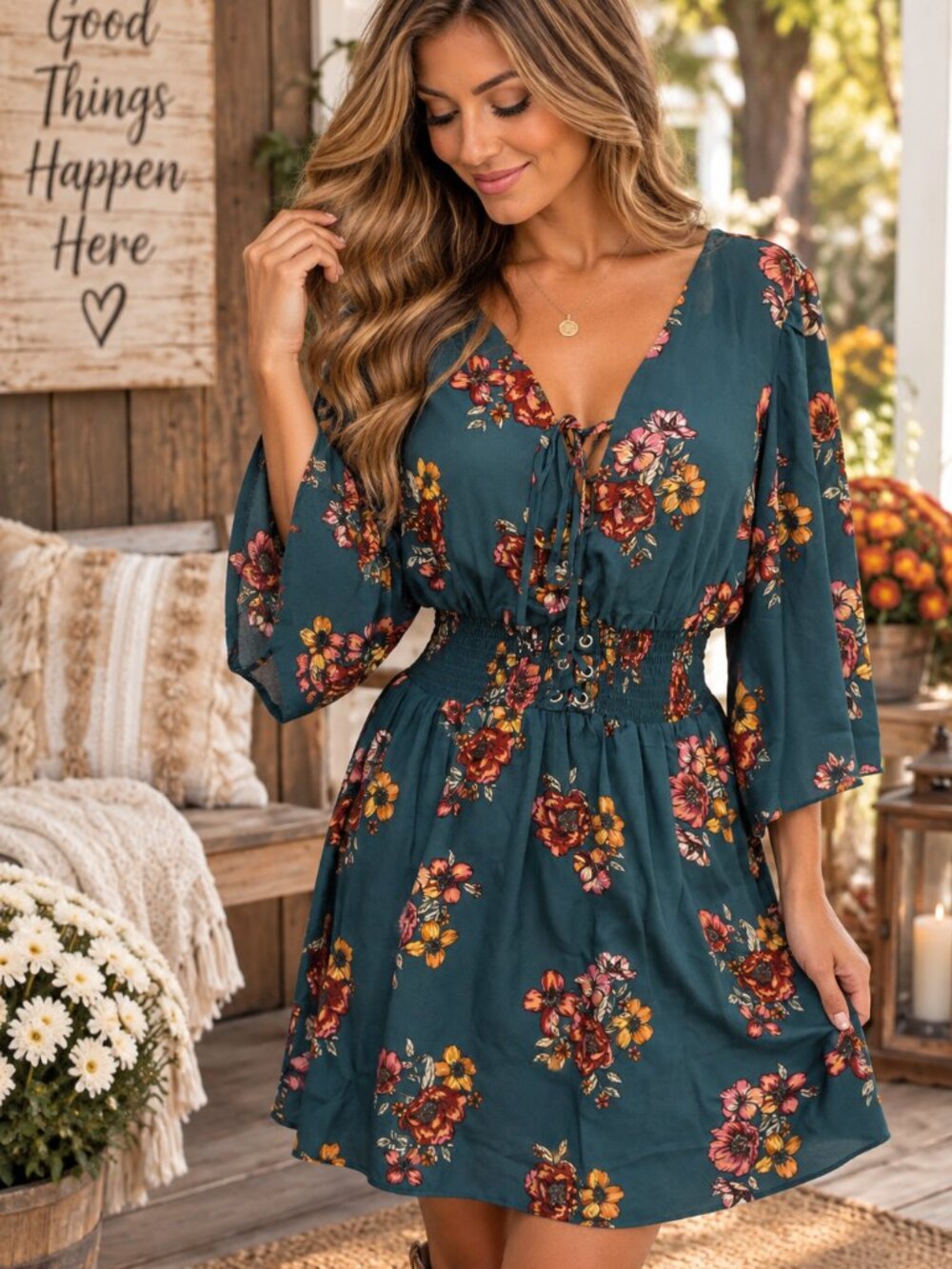 Bailey Blue Teal Floral Smocked Lace Up Bell Sleeve Dress M